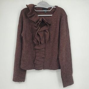 Cynthia Rowley 100% Wool Full Zip Sweater Small Brown‎ Long Sleeve Ruffles